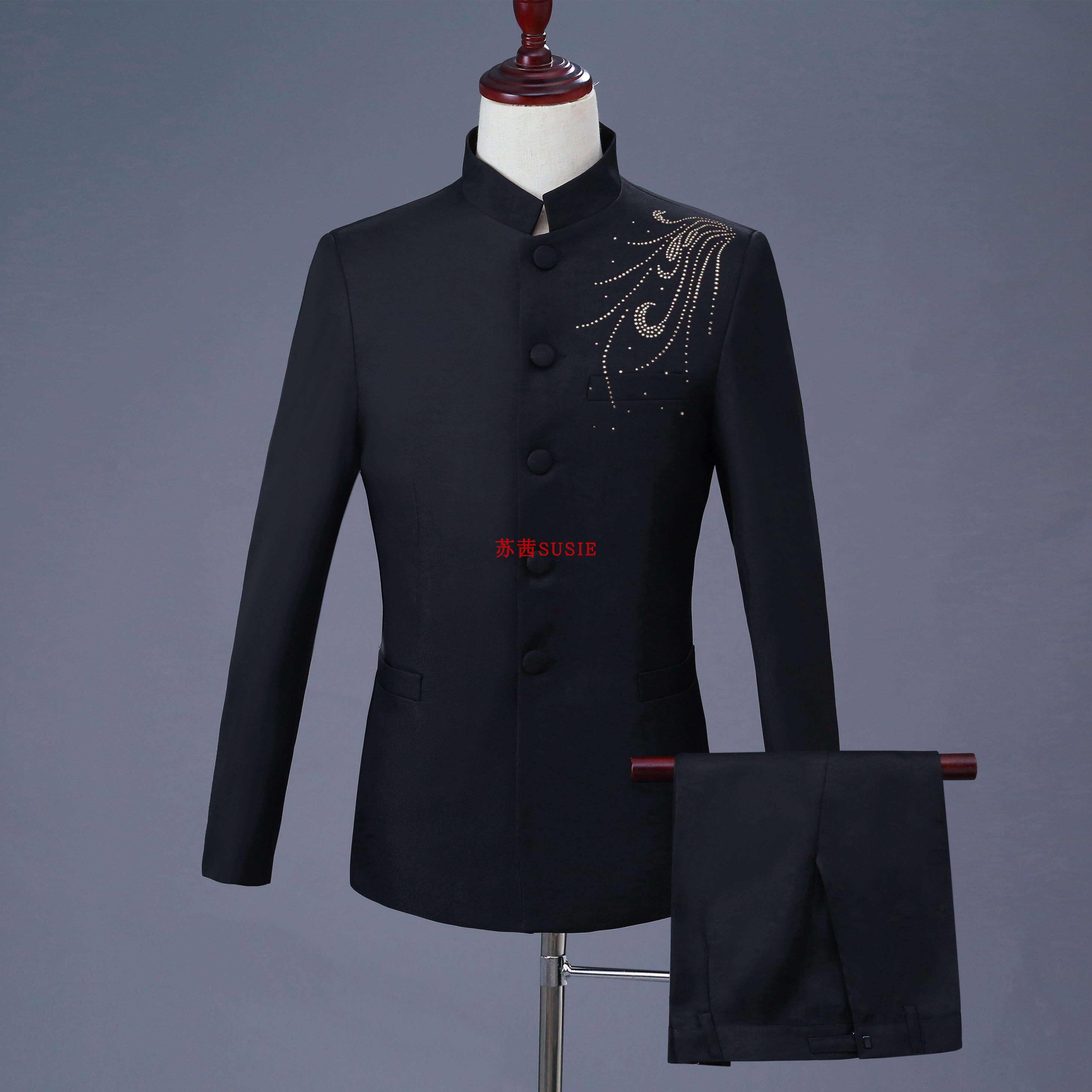 新款亮钻男士唐装中式立领中山服主持人服 指挥乐队大合唱演出服