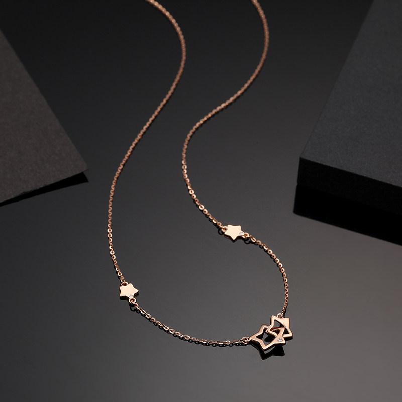 venti/梵迪镂空星星 镶钻项链 18k玫瑰金钻石彩金锁骨链 幸运星
