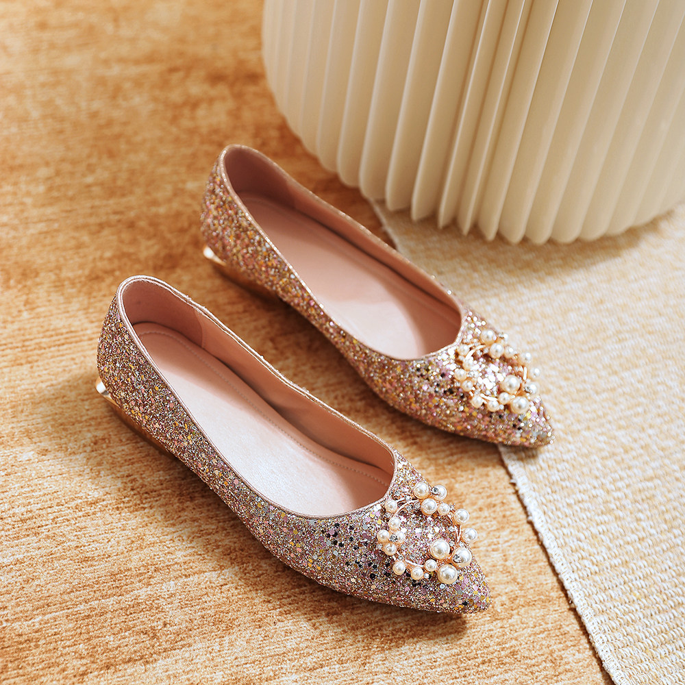 2021春季新款跟单鞋女时尚百搭亮片金色女鞋单鞋