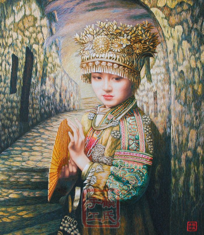 人物记忆苏绣小巷记忆的小巷女孩苗族刺绣顾氏油画苏绣