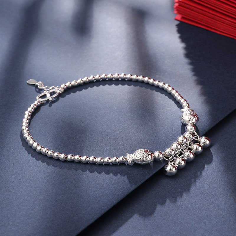 s999纯银脚链古风银珠女复古森女足链双鱼亲吻鱼银饰礼物送女友