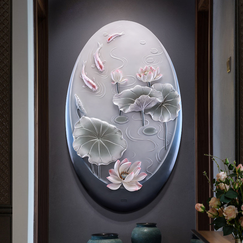 现代简约竖版玄关装饰画3d立体浮雕招财壁画进门现代装饰画