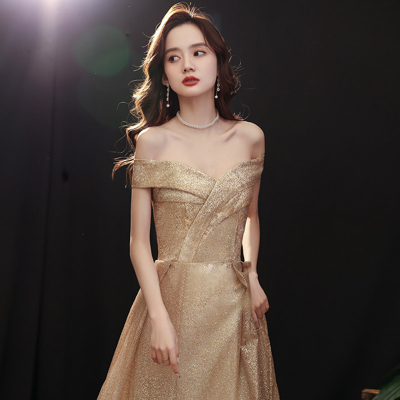 宴会晚礼服2021新款高级质感香槟色长款一字名媛礼服