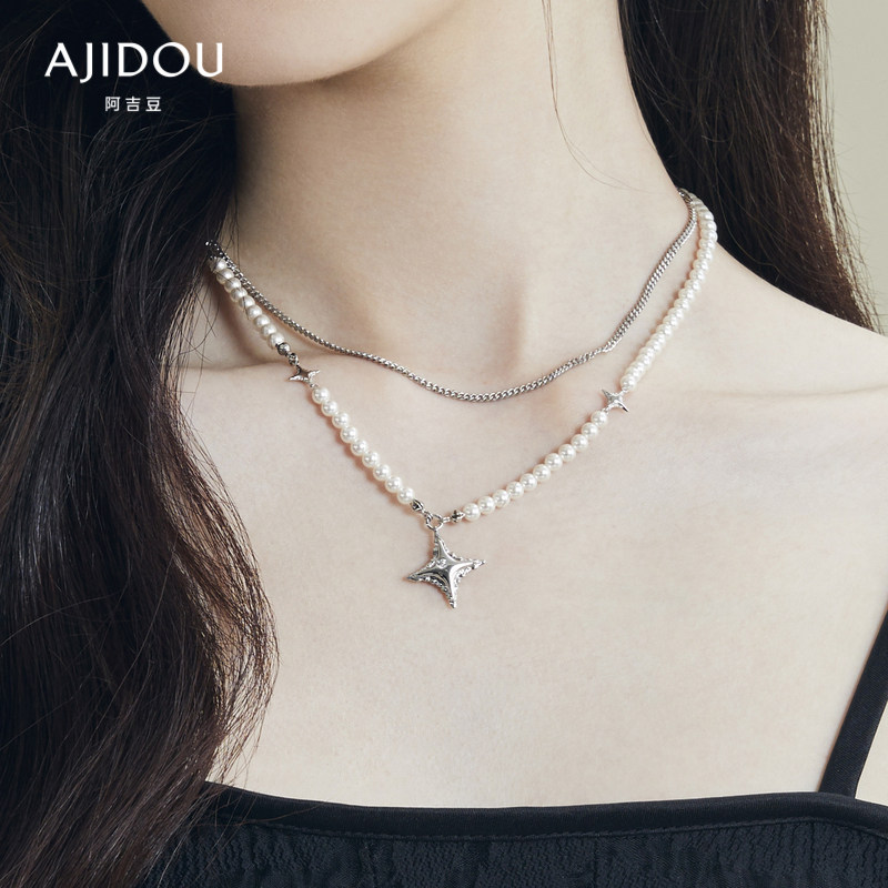 项链ajidou阿吉豆时尚星星吊坠珍珠短复气质百搭项链
