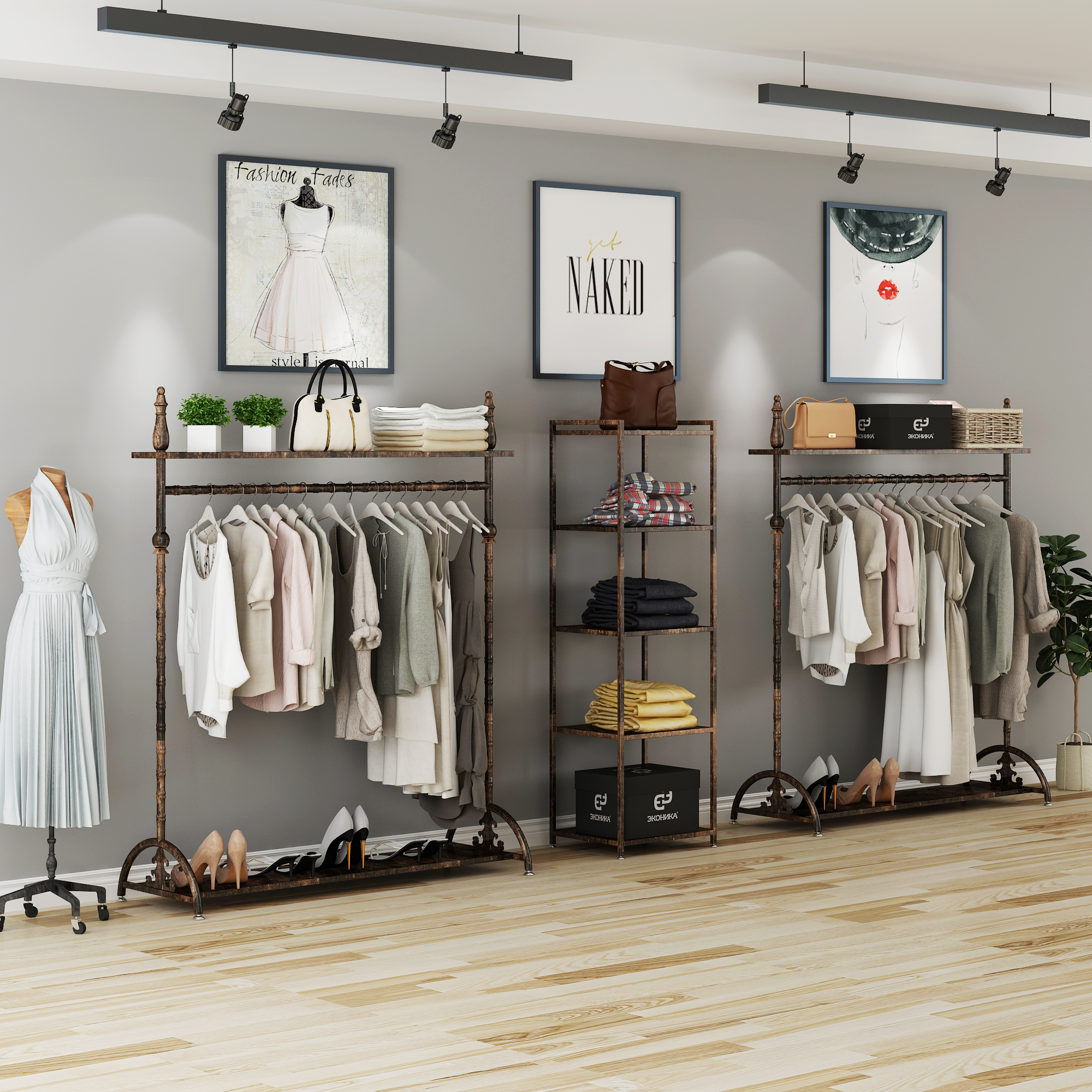 服装店展示架落地式陈列衣服架子铁艺组合欧式侧挂服装展示架