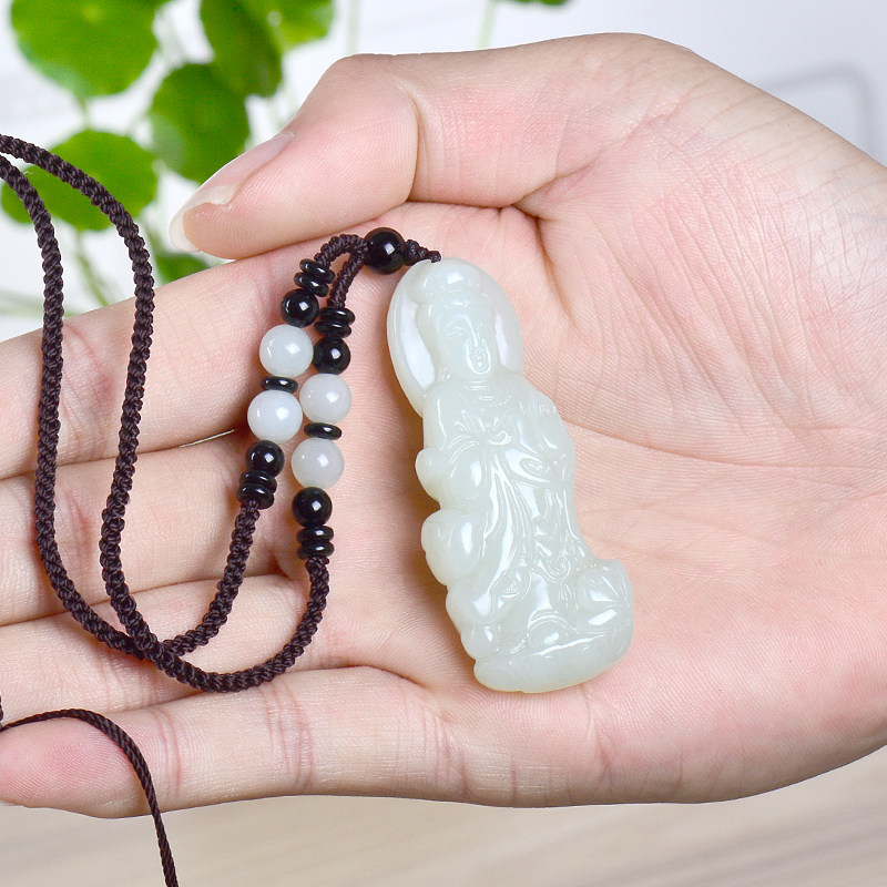 玉观音吊坠男双双面雕刻天然和田挂件男士项链颈饰