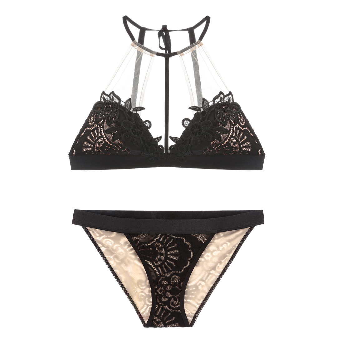 无钢圈挂脖文胸超薄款性感蕾丝刺绣夏季内衣女黑色