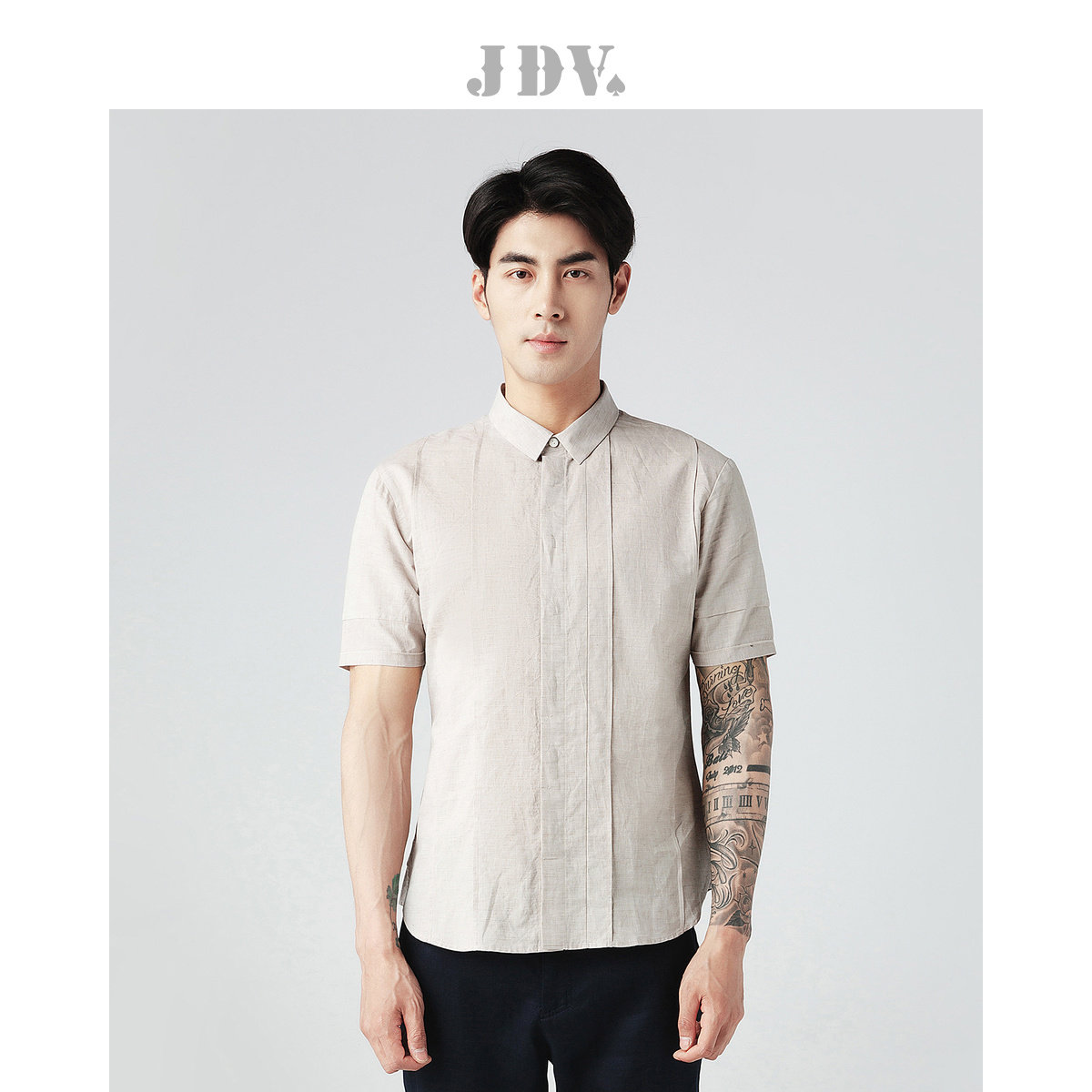 jdv男装商场同款夏季新品短袖亚麻灰色休闲衬衫