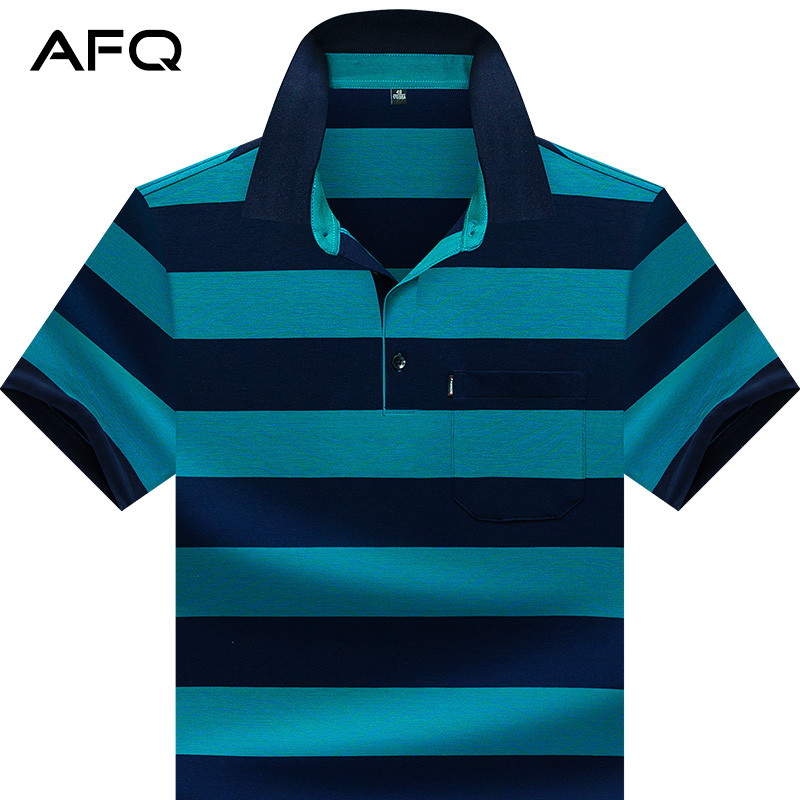 2022夏季口袋纯棉条纹男装短袖T恤 中年父亲POLO衫上衣翻领体恤丅