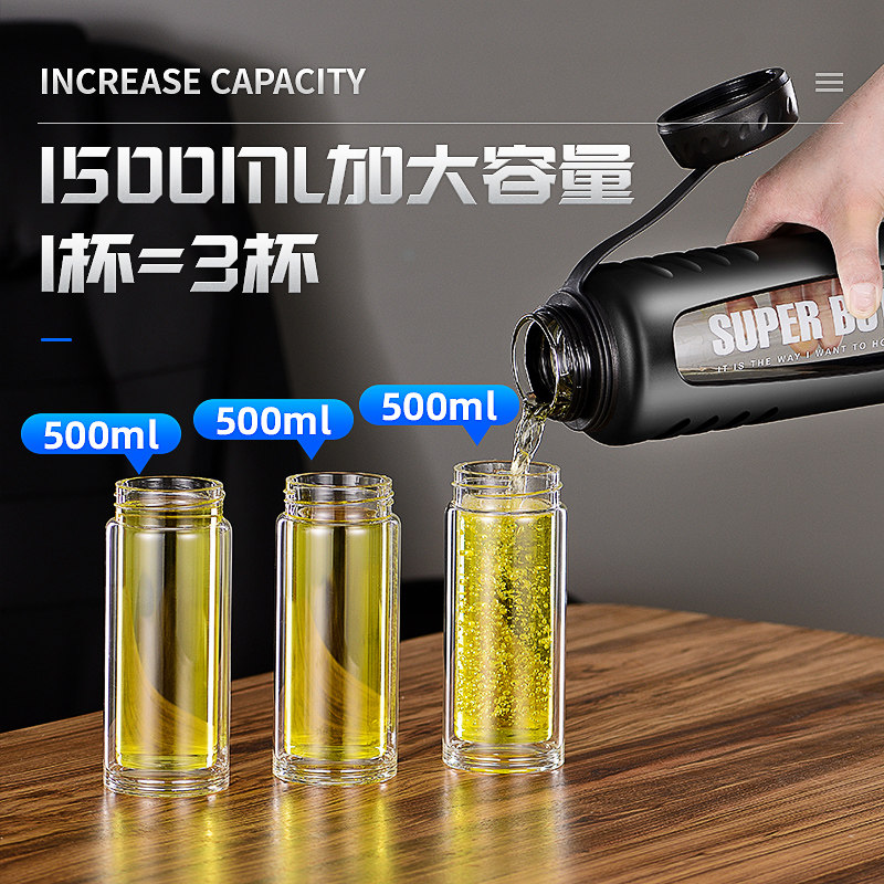 大号旅行玻璃杯水杯超大容量男防摔便携耐热单层带盖茶杯子1500ml