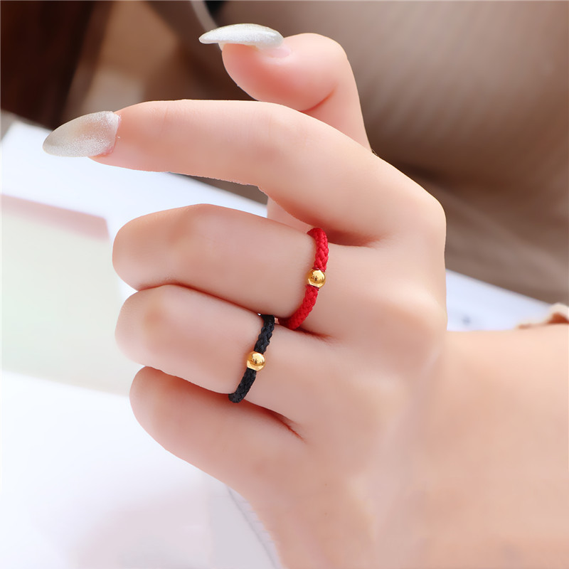 黄金戒指24k纯金转运指环情侣红绳小金豆尾戒手饰