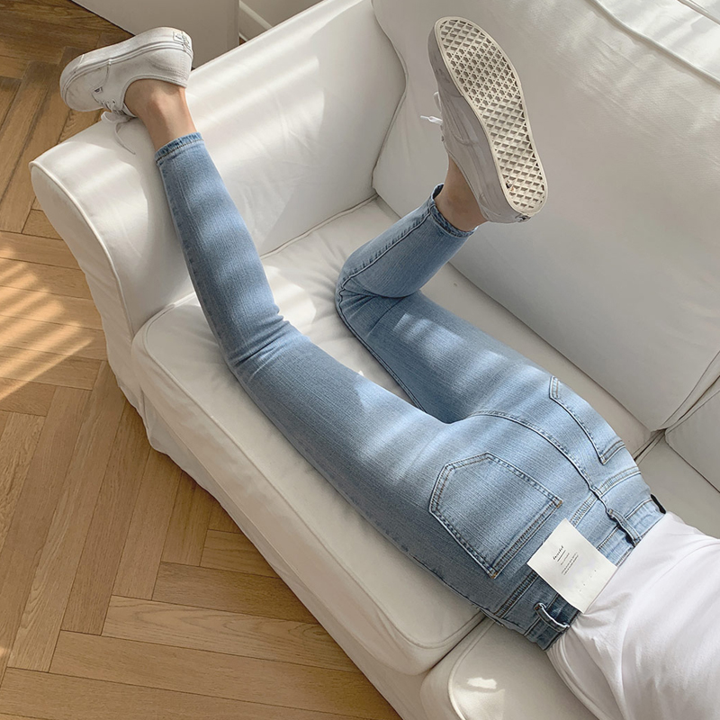 浅色小脚牛仔裤女春秋2022年高腰显瘦九分裤小个子修身紧身铅笔裤