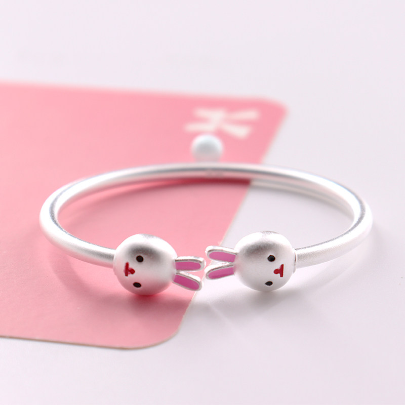 足银手镯亲子生肖小兔子粉红色滴胶可爱纯银镯子手镯
