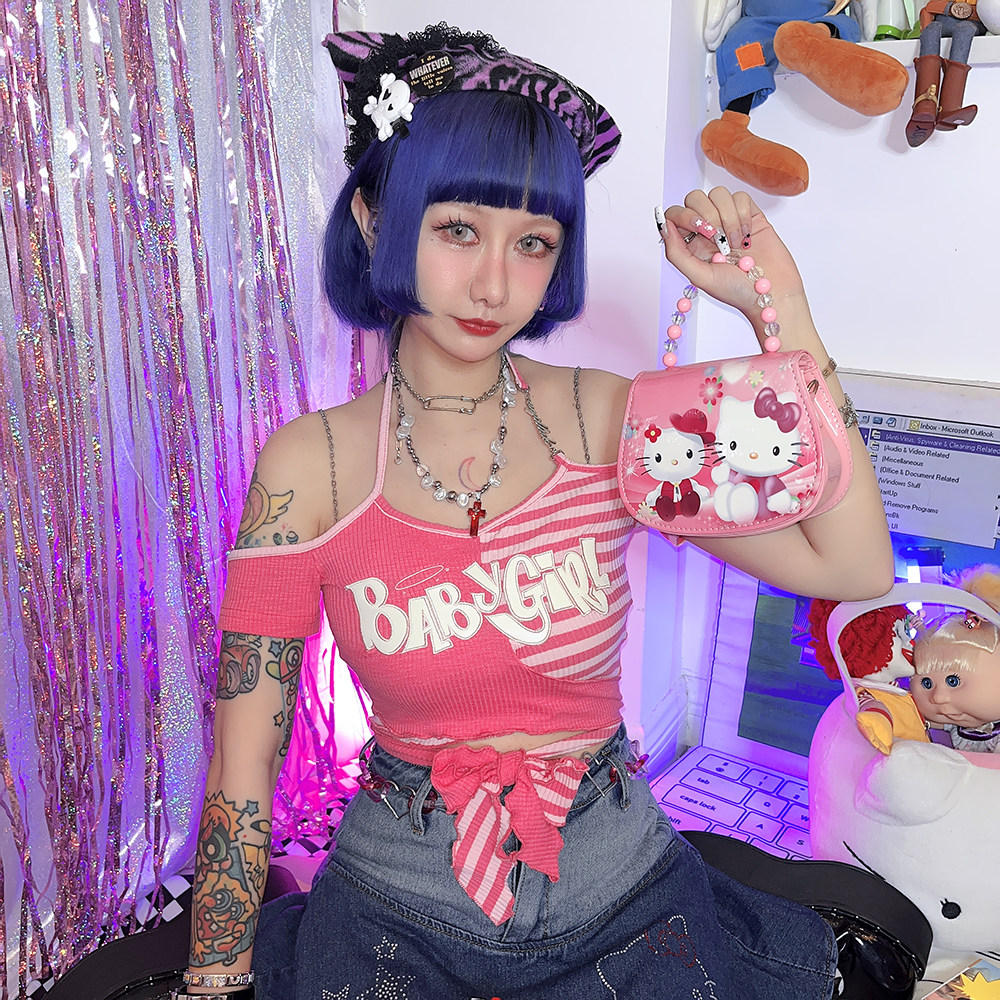 包邮饭粒家日系原宿y2k千禧辣妹夏季字母条纹女短袖一字肩上衣t恤