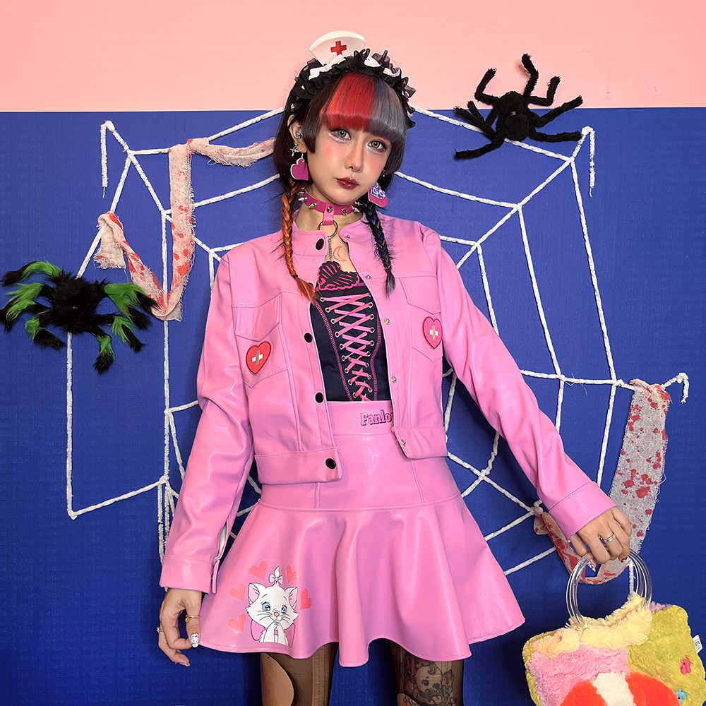 独家包邮饭粒家y2k千禧辣妹红色皮衣卡通爱心其它制服