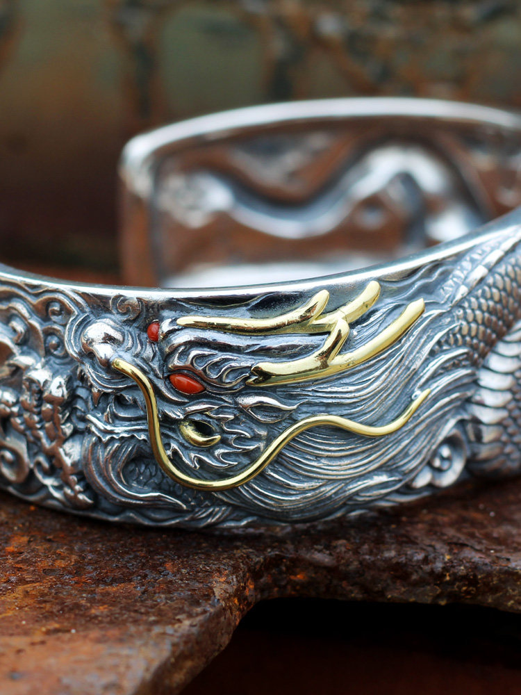 纯银手镯龙镯男款复古手工雕刻霸气个性民族手镯