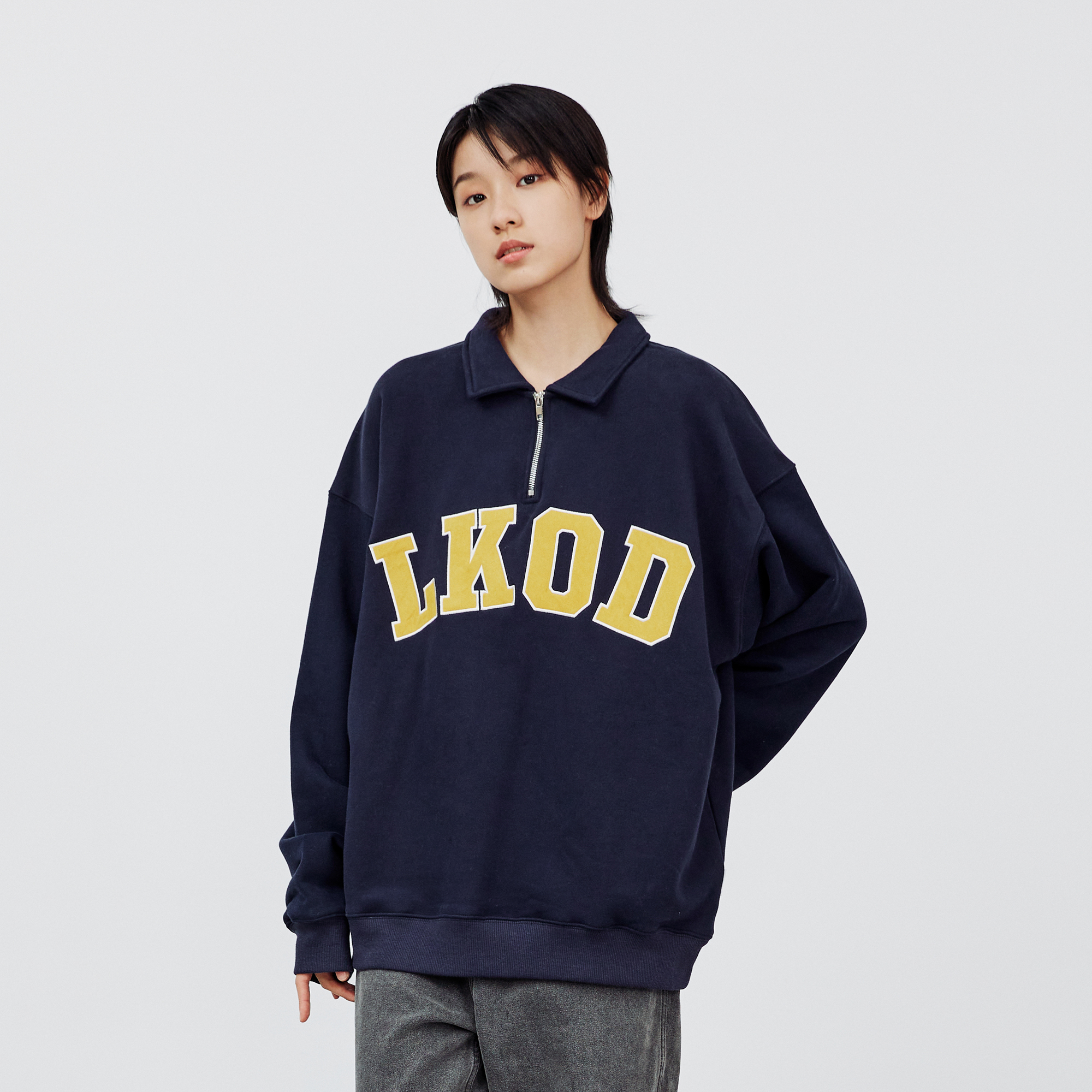 LKSTORE LKOD 秋冬款半拉链麂皮刺绣字母加绒潮牌卫衣国潮情侣款