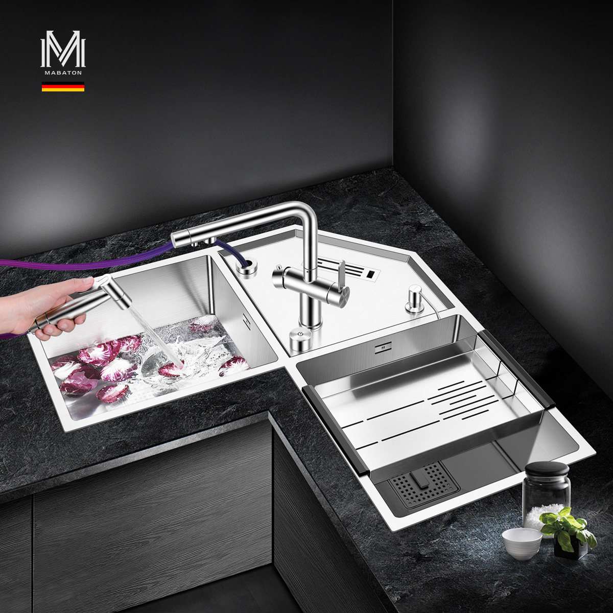 巴顿厨房转角水槽双槽拐角异形多功能不锈钢洗菜水槽套餐