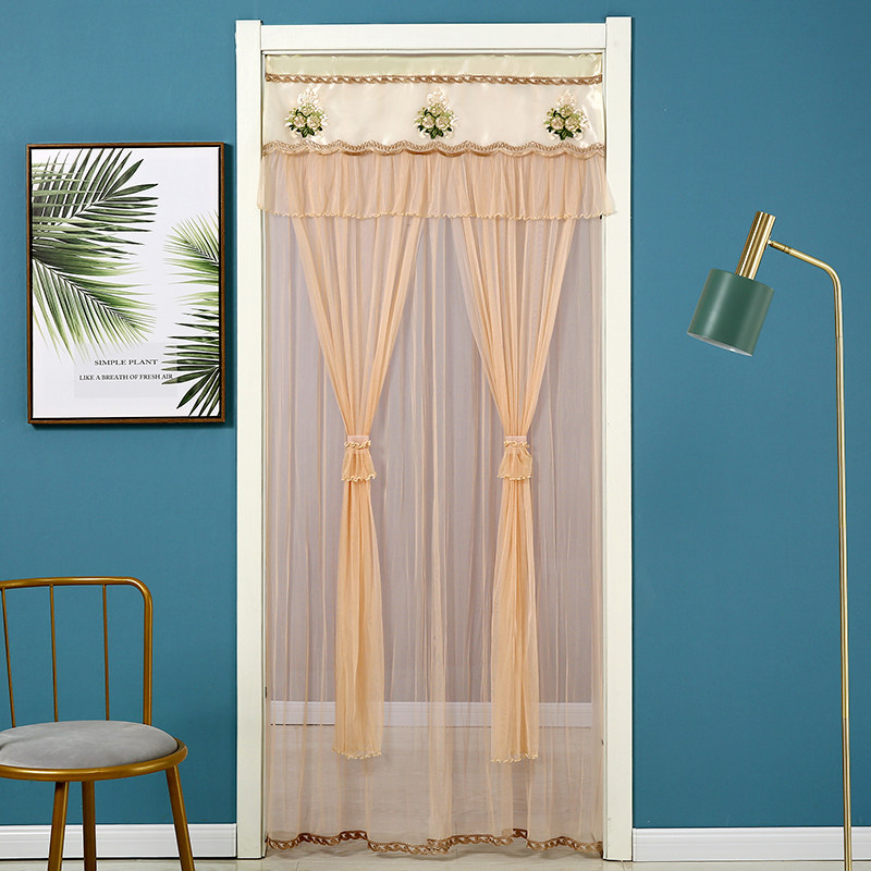 蕾丝门帘打孔家用防蚊双层纱帘卧室厨房卫生间门帘