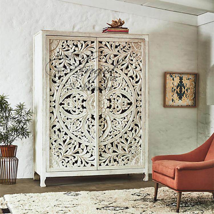 衣柜实木雕花美式法式复古做旧大衣镂空衣柜