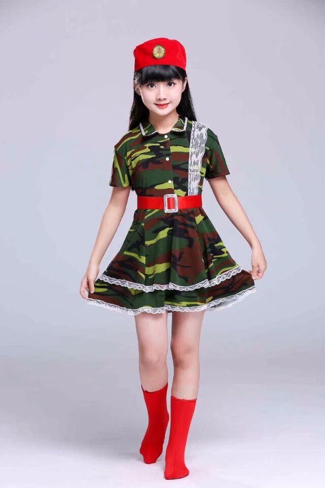 儿童娃娃演出服女童蕾丝迷彩军服小女女兵舞蹈儿童演出服