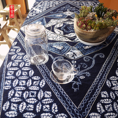 云南大理手工家居布艺染布蓝染老花长方纯棉桌布墙面背景装饰白族扎染