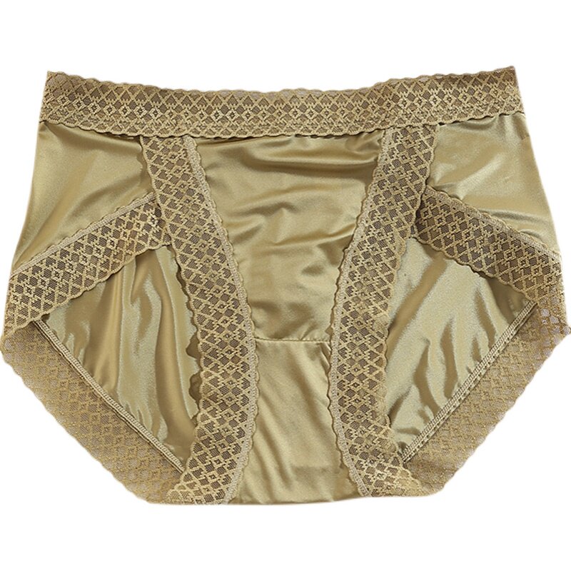 高档内裤中腰亮面丝滑绸缎蕾丝高开叉不勒奢华女三角裤