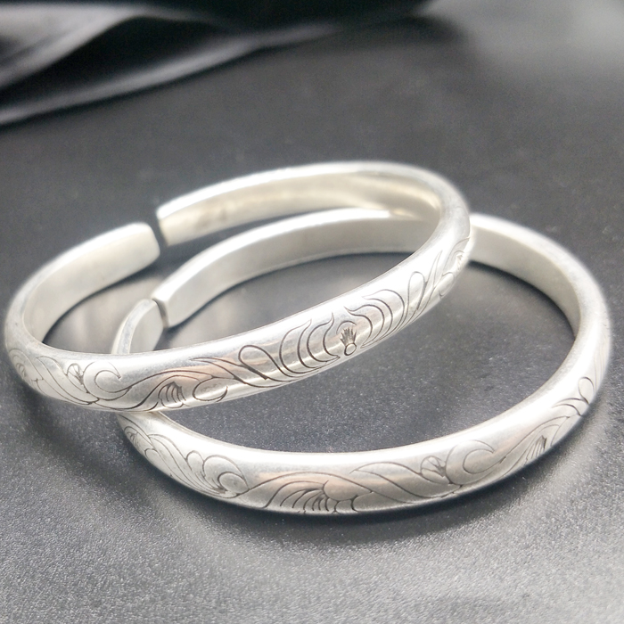 苗银贵州苗族银饰半圆手工刻花开口胖瘦均可手镯