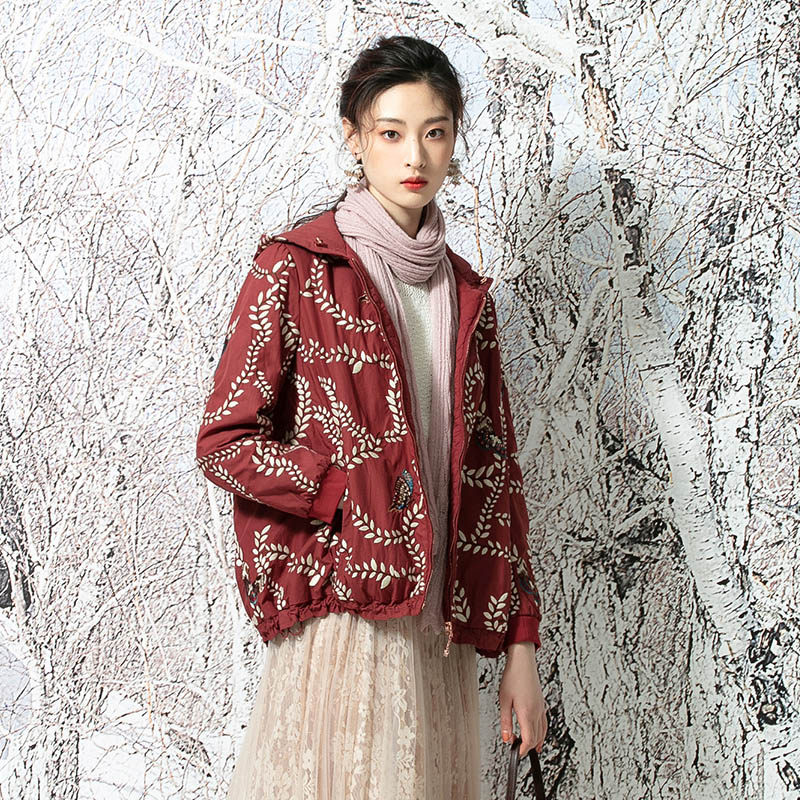 渔牌女装棉服2020年新款秋冬满身绣花短款风衣棉衣