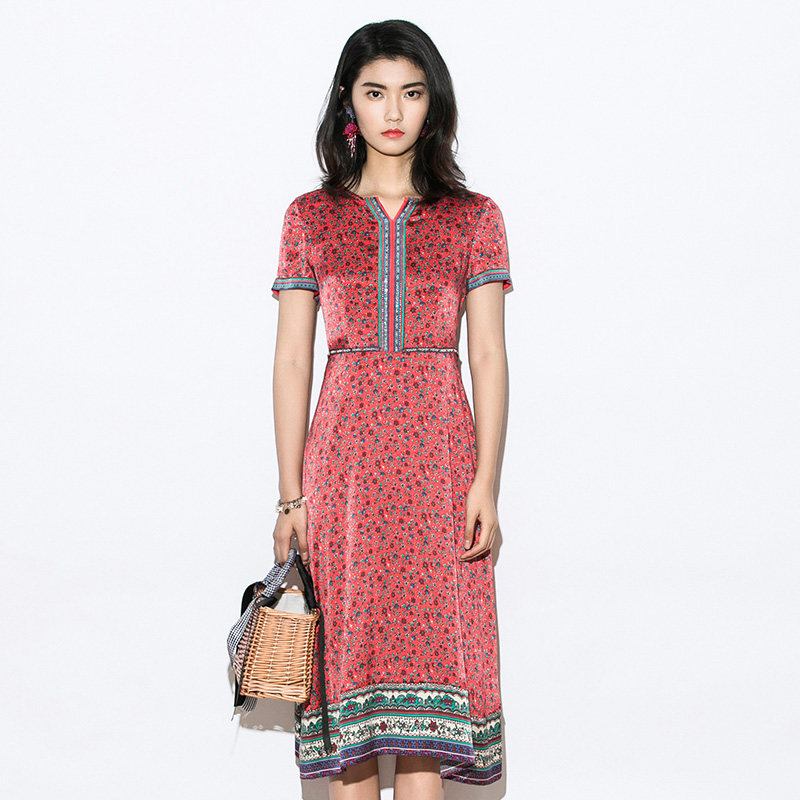 渔女装收腰连衣裙2021新款弹力缎面撞色印花波点短袖裙子ffnb0149