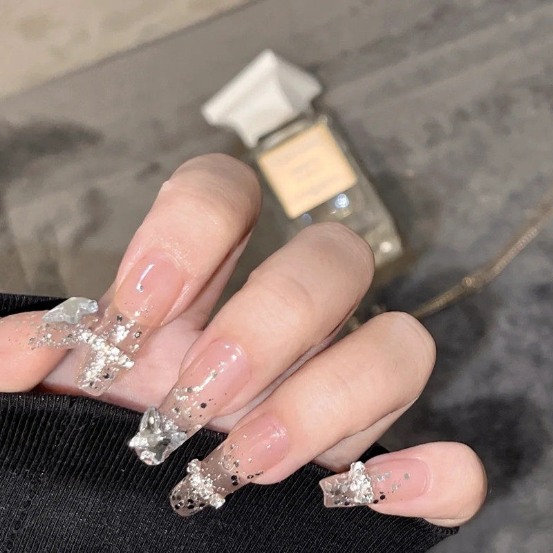 爆闪渐变亮片白月光钻石蝴蝶钻链美甲成品指甲美甲工具