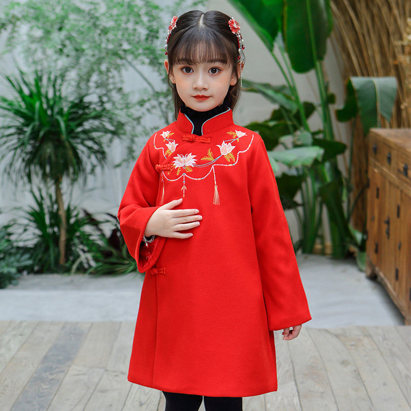 潮女国风拜年新年演出服唐装儿童中国女童外套连衣裙