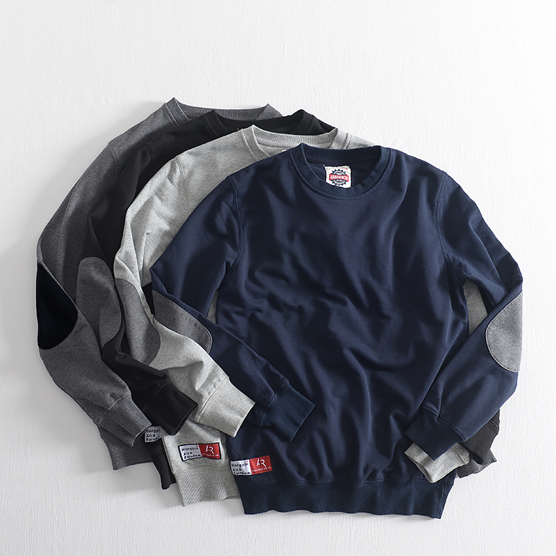 纯棉圆领卫衣男宽松日系休闲潮流套头百搭无帽纯色长袖外套春秋季