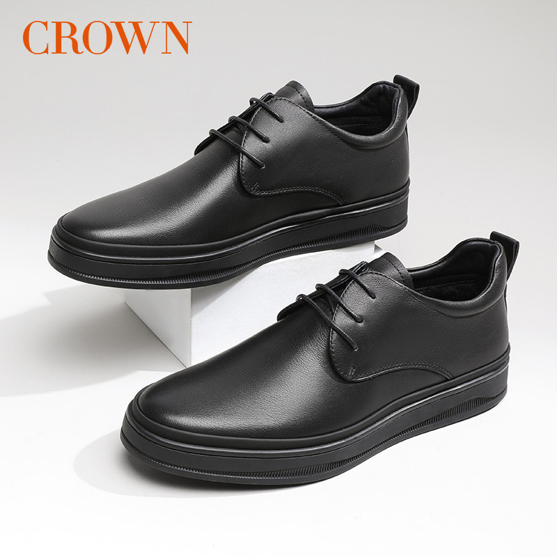 crown皇冠加绒冬季商务休闲皮鞋男士保暖真皮时尚休闲鞋