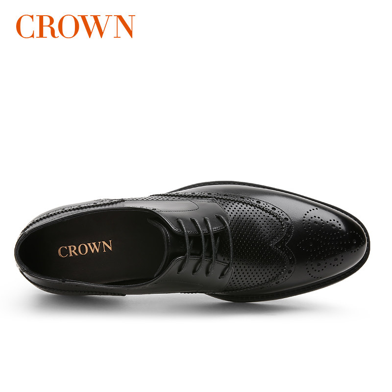 皮鞋crown皇冠男鞋夏季新款透气商务务正真皮正装皮鞋