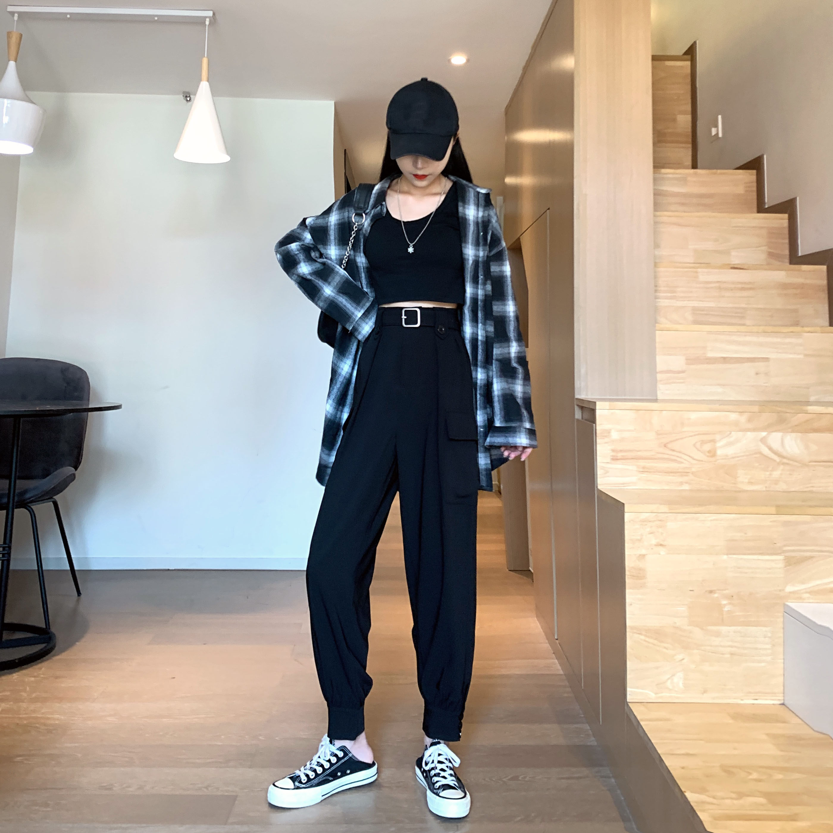 束脚工装裤女显瘦高腰长裤秋季新款黑色休闲休闲裤