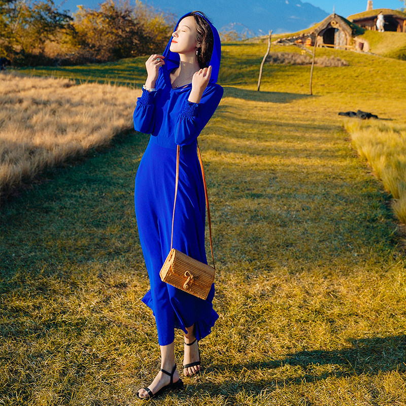 草原旅游女装新疆沙漠拍照防晒雪纺连帽连衣裙连衣裙