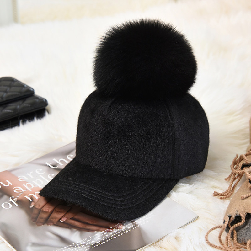 秋冬帽子子女狐狸毛球棒球帽韩版日系仿水貂加厚帽子