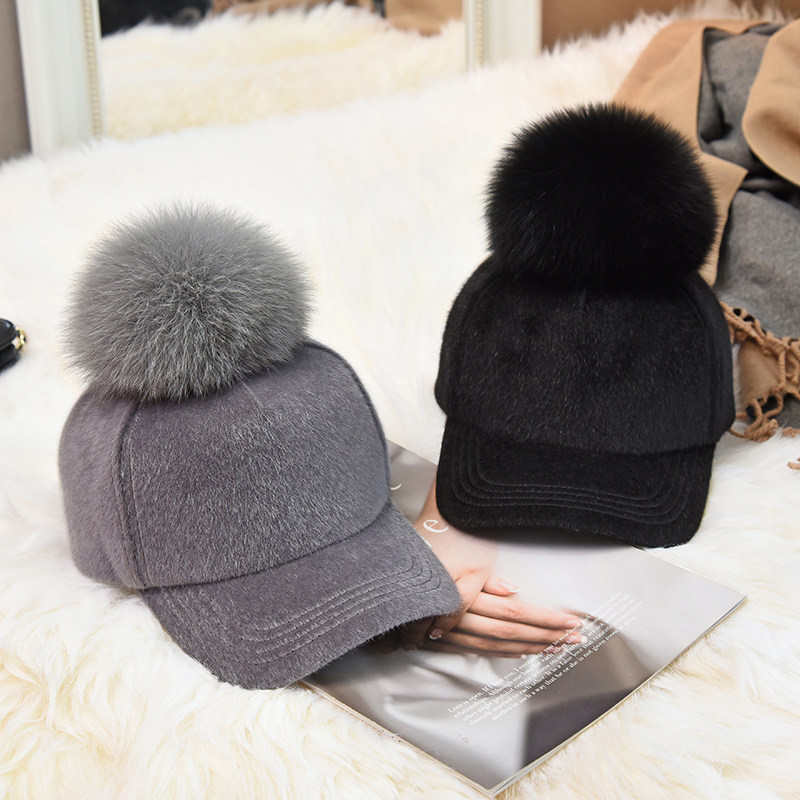秋冬帽子子女狐狸毛球棒球帽韩版日系仿水貂加厚帽子