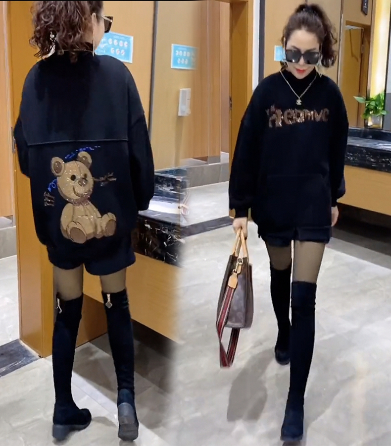 纯棉薄款2022欧货潮半高领烫钻小熊宽松卫衣女加绒秋冬加厚外套
