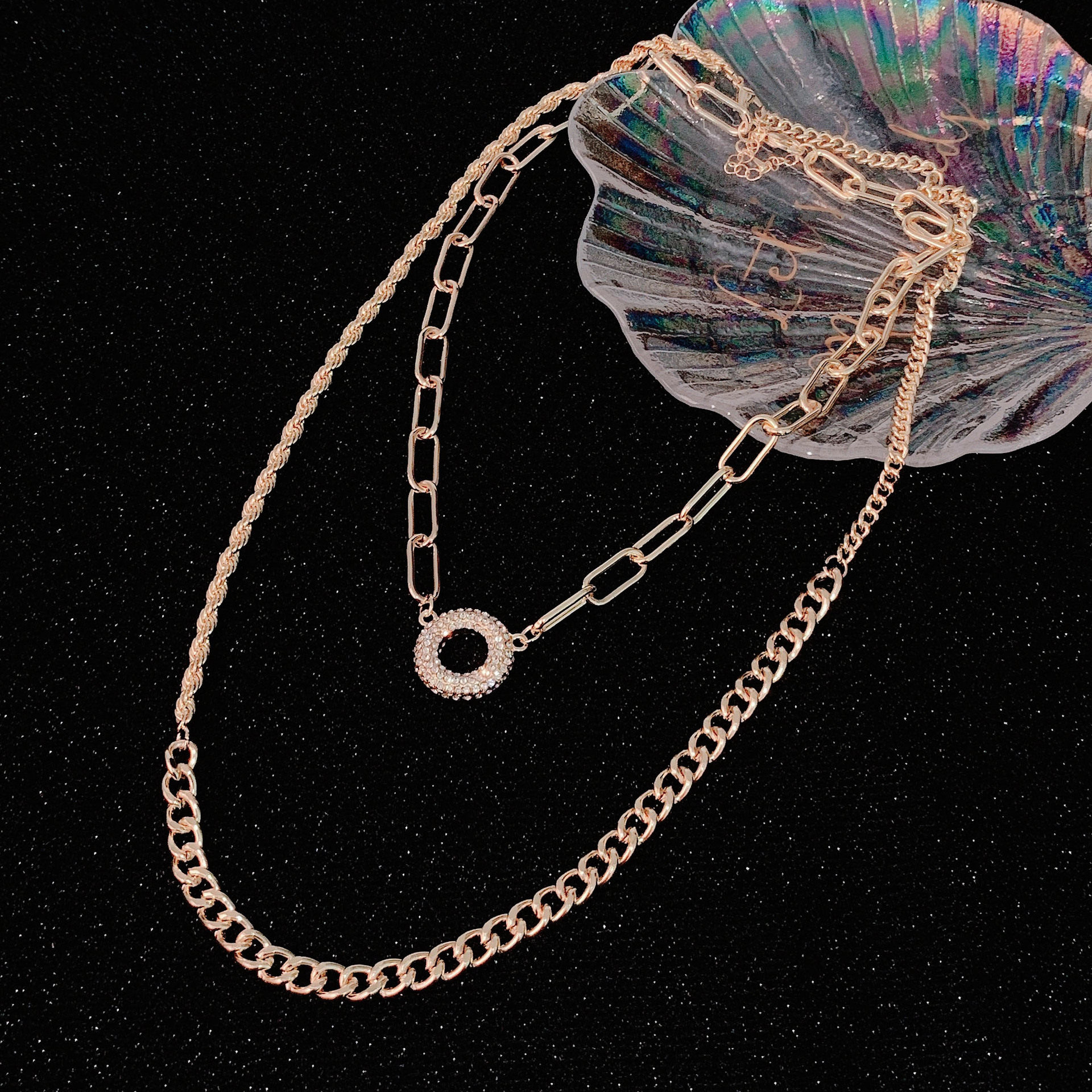 欧美夸张链条金属装饰项链古巴链满钻大锁骨项链