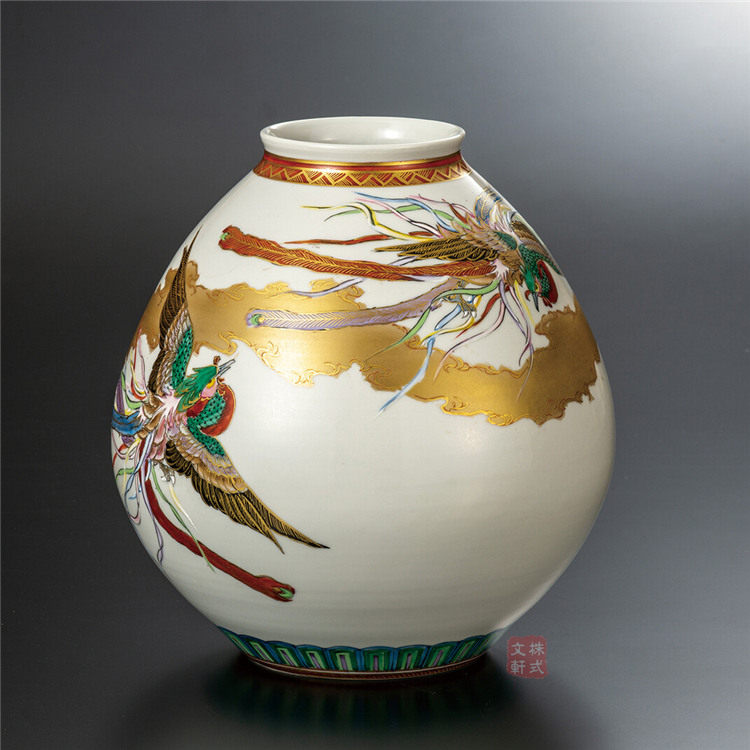 日本代购九谷烧陶瓷器花瓶凤凰摆件装饰品名家高明花瓶