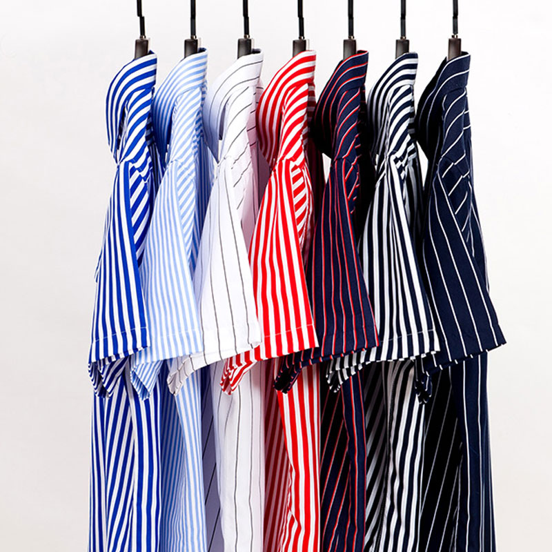 夏季薄款竖条纹短袖衬衫男韩版修身帅气商务休闲黑蓝白半寸衬衣潮