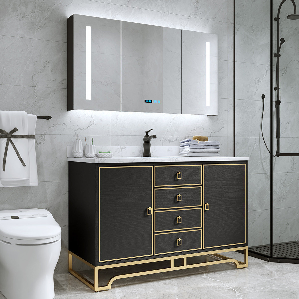 岩板组合台盆洗漱洗手洗脸落地式浴室柜新中式奢风浴室柜组合