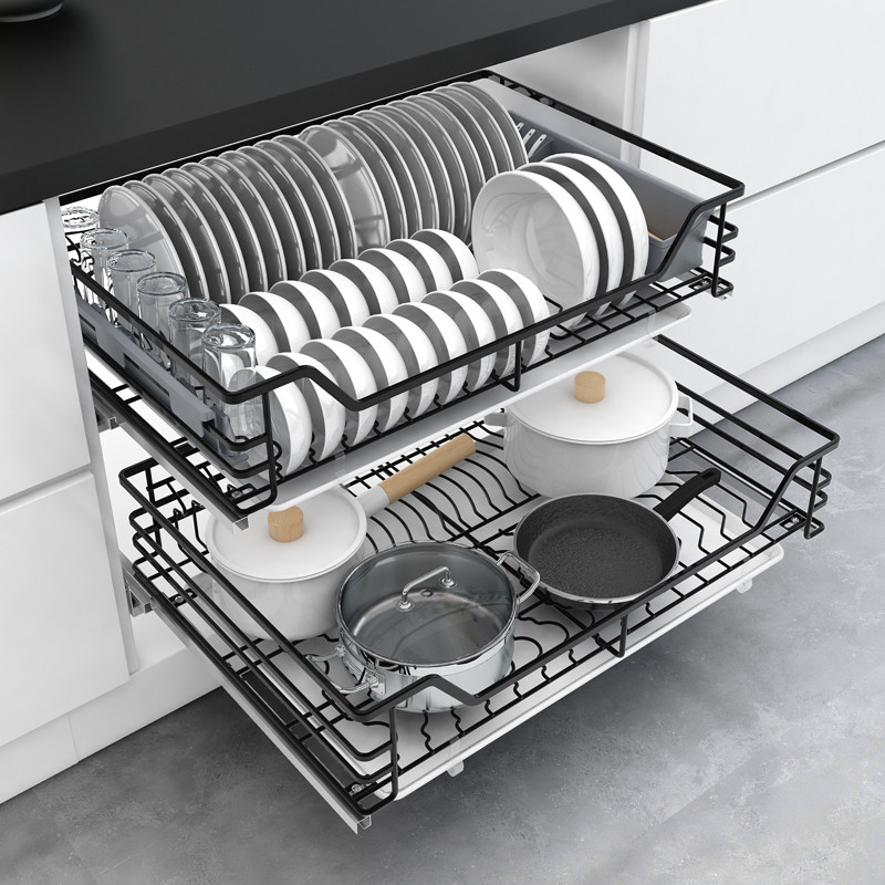 不锈钢厨房橱柜拉篮栏双层缓冲调味拉蓝抽屉碗碟拉篮