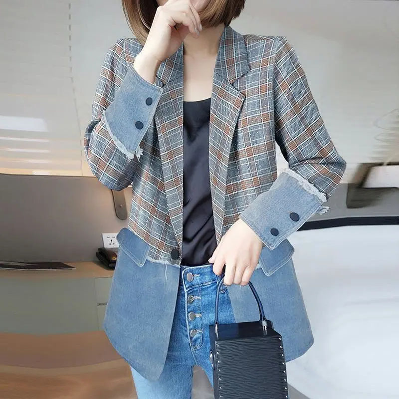 气质牛仔拼接女士短外套格子休闲小西西装欧洲站西装