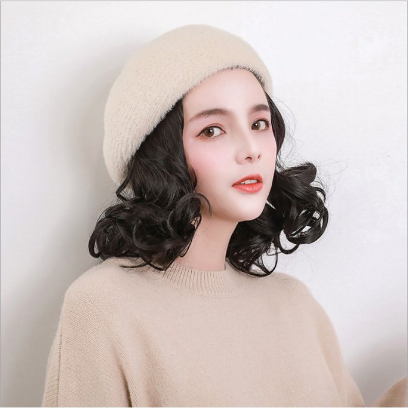 假发一体秋冬帽子貂绒贝雷帽整顶女士日常整顶假发