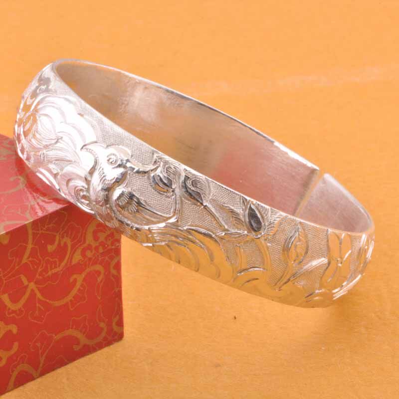 文泽百岁银坊手工定制浮雕鸳鸯戏水足银手镯no1797手镯