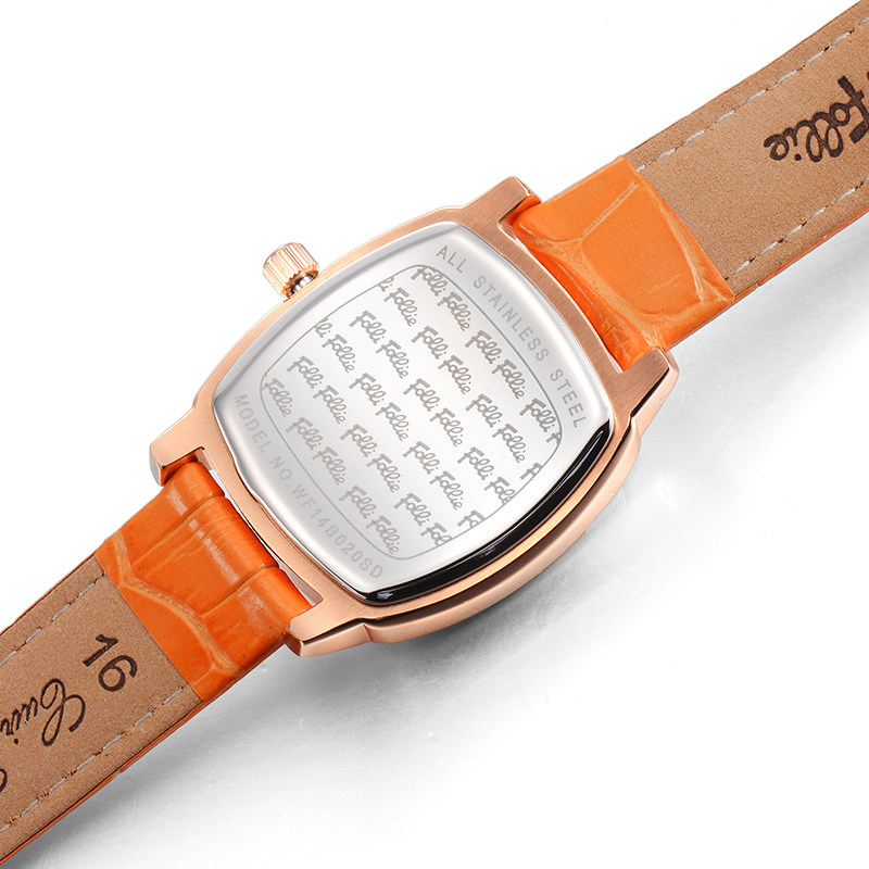 现货follifollie芙丽手表真皮酒桶形玫瑰金时尚镶钻石英表女表
