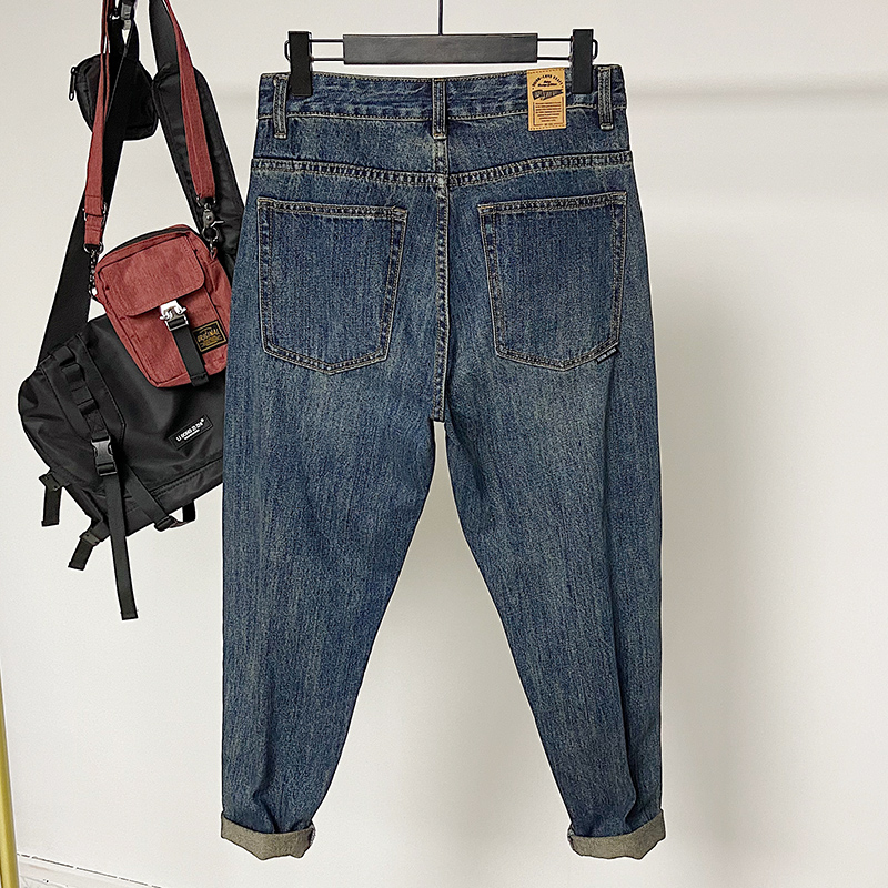 秋冬牛仔裤男美式休闲痞帅宽松直筒长裤潮牌复古加绒小脚哈伦裤子